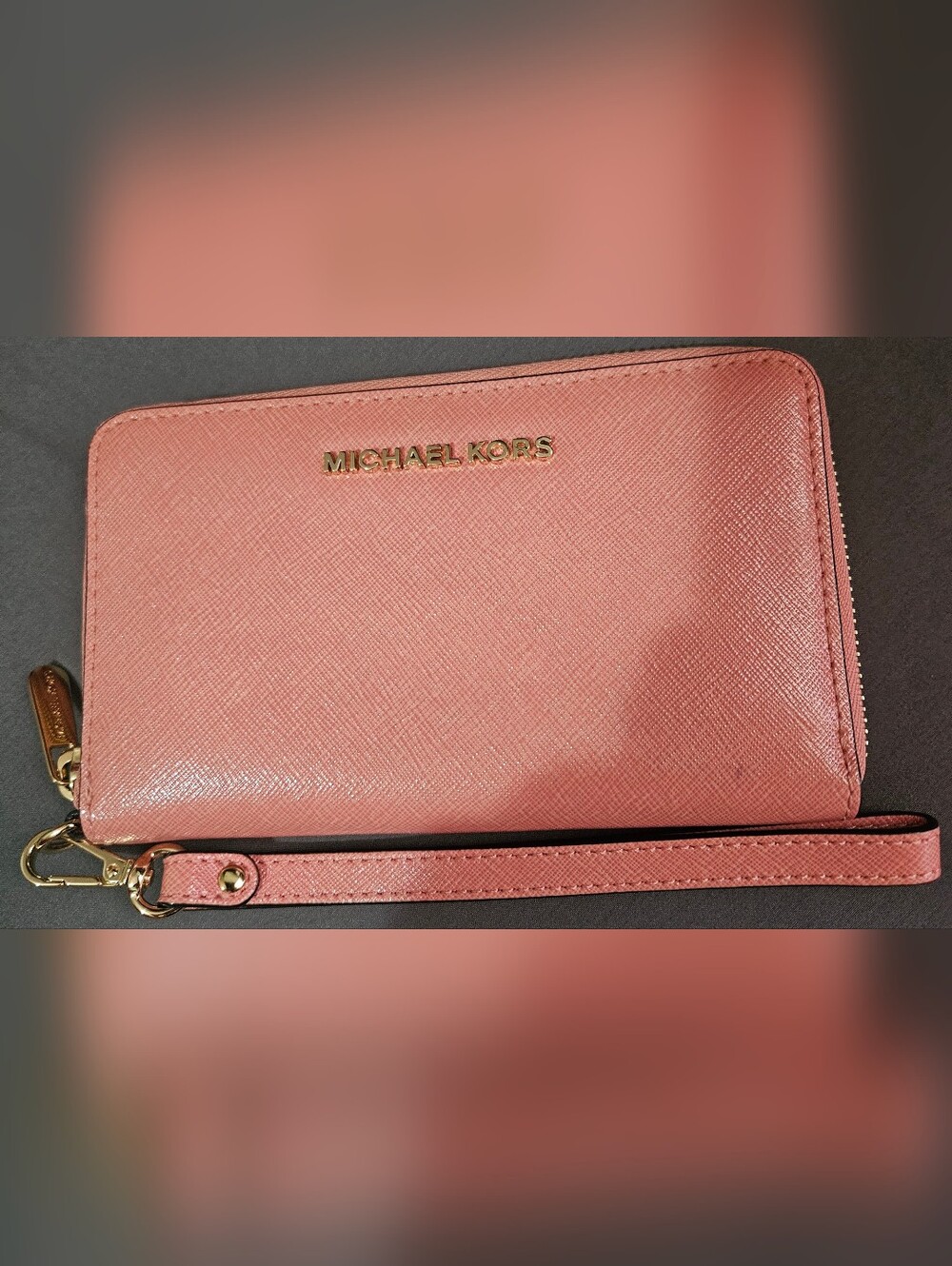Michael Kors Coral Pink Saffiano Zip Wristlet Wallet